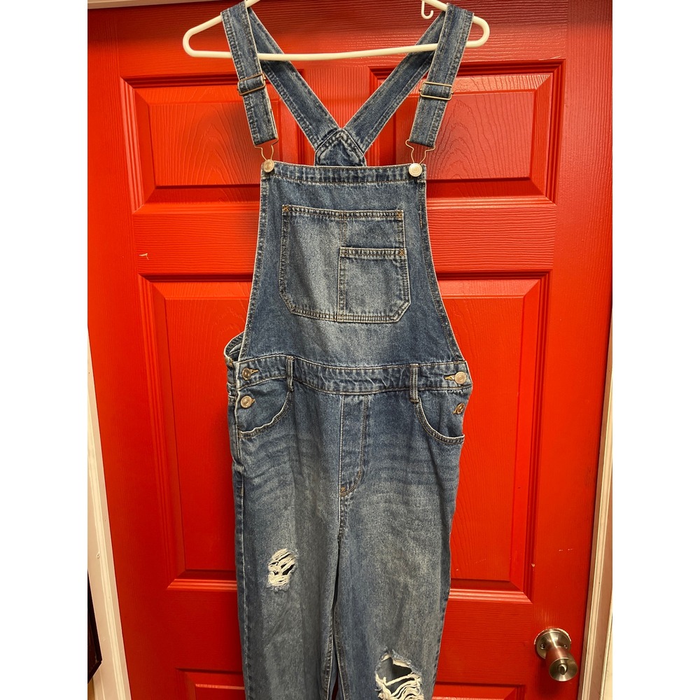 Wallflower Distressed Denim Overalls Medium Wash Straight Leg Bibs